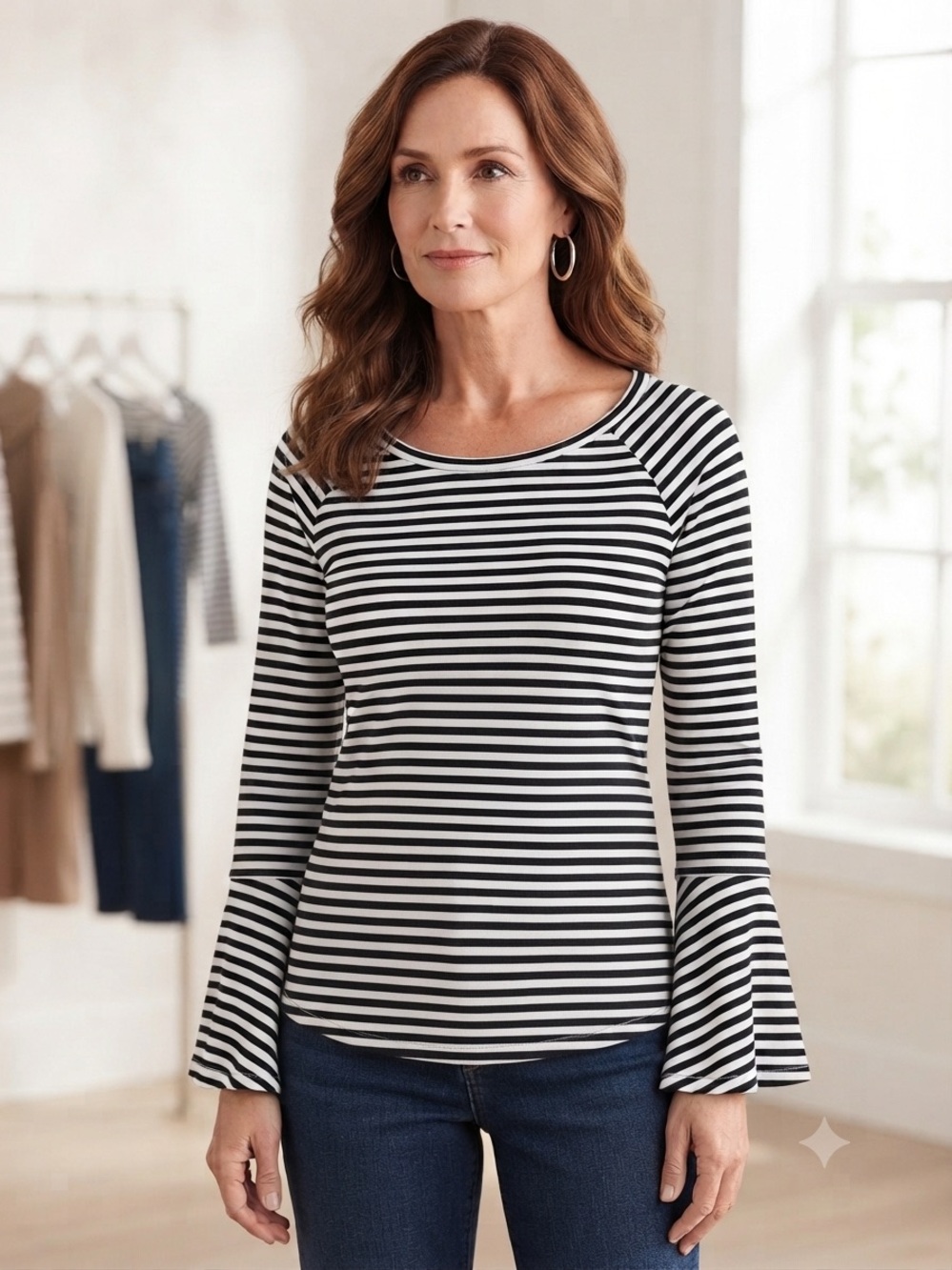 Talbots Striped Long Sleeve Top - Black & White, Size XS extra small